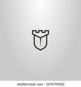 black and white simple vector line art sign of shield-shaped tower 