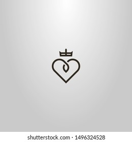 black and white simple vector line art sign of the heart and crown above it