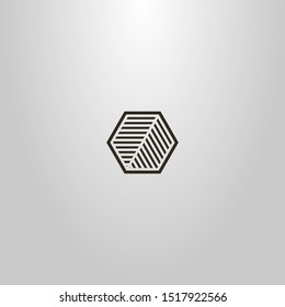 black and white simple vector line art sign of a hexagon divided into two striped parts