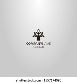 black and white simple vector line art logo of three branches of a plant with leaves