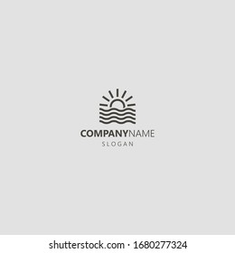 el arte de la línea vectorial simple en blanco y negro traza el logo icónico de la elevación del sol sobre las olas del agua