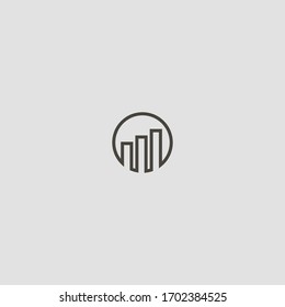 black and white simple vector line art geometric iconic sign of three high-rise buildings arranged in steps in round frame