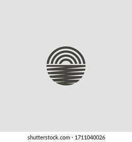 black and white simple vector line art round iconic sign of sunrise or sunset behind the water surface