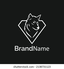 black and white simple vector line art of an abstract wolf head in diamond shape shield