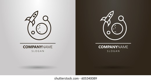 Black and white simple vector line art logo of a flying rocket and planets
