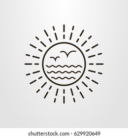 Black and white simple vector line art  round abstract sun, sea and seagulls symbol