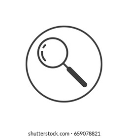Black and white simple vector line art icon of magnifying glass in the round frame 