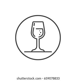 Black and white simple vector line art icon of wineglass in the round frame