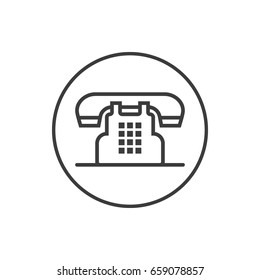 Black and white simple vector line art icon of old phone in the round frame