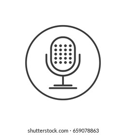 Black and white simple vector line art icon of retro microphone in the round frame