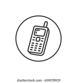 Black and white simple vector line art icon of old mobile phone in the round frame