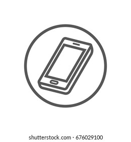 Black and white simple vector line art icon of smartphone in the round frame