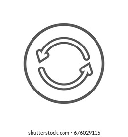 Black and white simple vector line art icon of two update arrows in the round frame