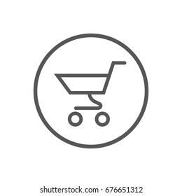 Black and white simple vector line art icon of supermarket trolley in a round frame