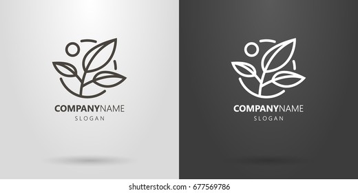 Black and white simple vector line art plant logo in a round frame