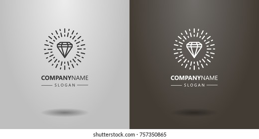 black and white simple vector line art logo of diamond in rays