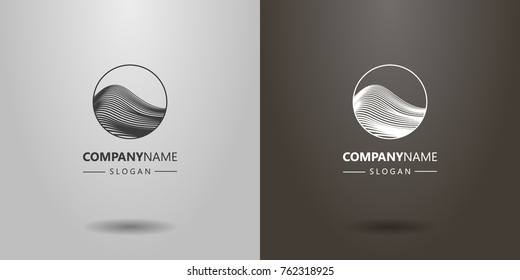 black and white simple vector line art abstract mountain or wave logo in a round frame