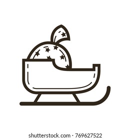 black and white simple vector line art Christmas icon Santa Claus sledges with a bag of gifts