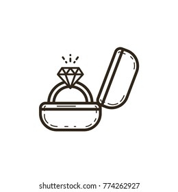 black and white simple vector line art icon of a box with a ring and a precious stone