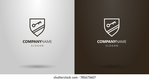 black and white simple vector line art logo of key on the shield with two strips