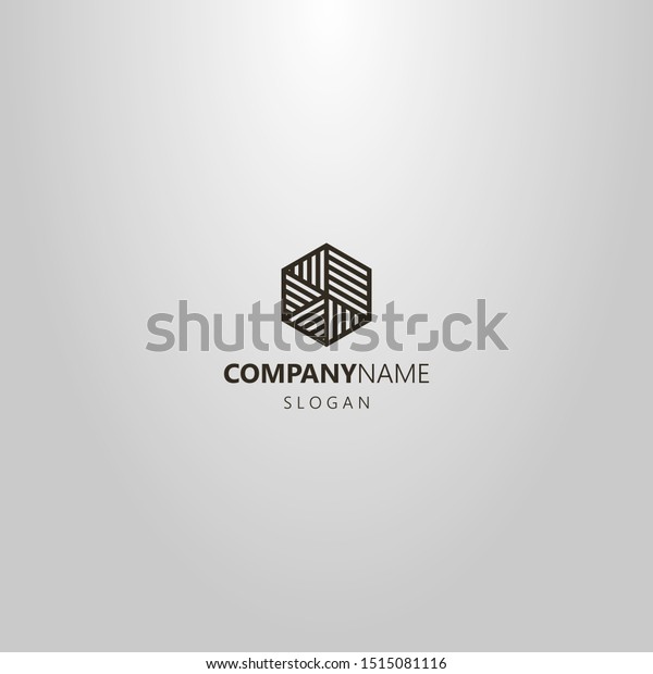 black and\
white simple vector line art logo of a hexagon divided into striped\
parts of different sizes and\
directions