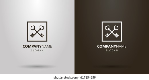 Black and white simple vector logo of two crossed keys in a square frame