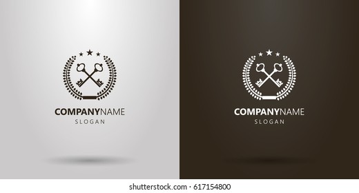 Black and white simple vector logo with two crossed keys in a laurel wreath