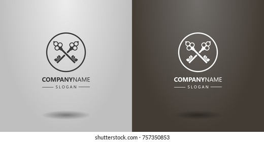 Black and white simple vector logo of two crossed retro style keys in a round frame