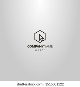 black and white simple vector minimalistic single line logo of cursor arrow in hexagonal frame