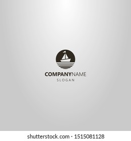 black and white simple vector minimalistic negative space round logo of a sailing ship with a flag 