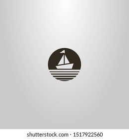 black and white simple vector minimalistic negative space round sign of a sailing ship with a flag 