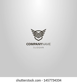 black and white simple vector modern line art logo of shield with abstract wings on it