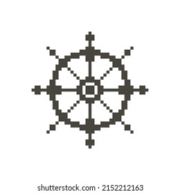 black and white simple vector pixel art sign of old marine ships steering wheel