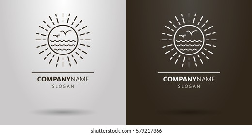 black and white simple vector round line art logo of sea and seagulls in the sun