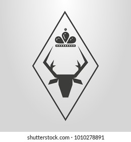 black and white simple vector symbol of deer head with a crown in a rhombus frame