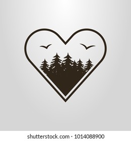 black and white simple vector symbol of the forest with birds in the heart shape frame