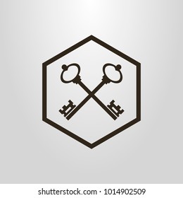 Black and white simple vector symbol of crossed keys in a hexagon frame