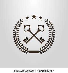 Black and white simple vector symbol of crossed retro style keys in laurel