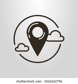 Black and white simple vector symbol of geographic marker in the sky