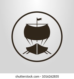Black and white simple vector symbol of sailing ship in a round frame