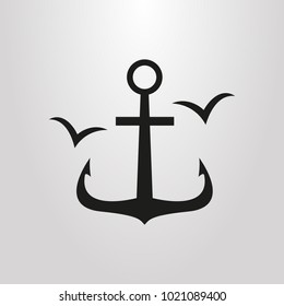 black and white simple vector symbol of anchor and seagulls 