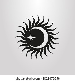 black and white simple vector symbol of sun rays, moon and star 