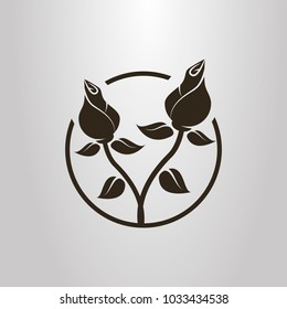 black and white simple vector symbol of two entwined roses in a round frame