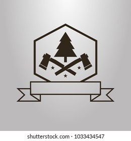 black and white simple vector symbol of two axes and spruce in a hexagon frame