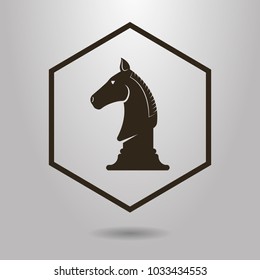 black and white simple vector symbol of chess knight in the hexagon frame