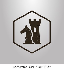 black and white simple vector symbol of knight chess pieces in a  hexagon frame