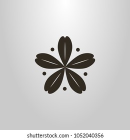 black and white simple vector symbol of a five-leafed plant with dots around it