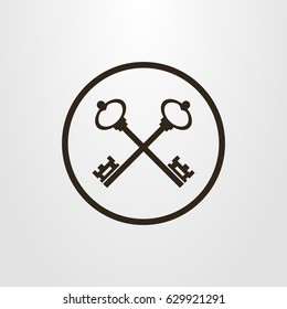 Black and white simple vector symbol of two crossed retro keys in a round frame