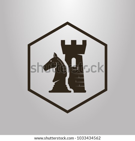 black and white simple vector symbol of knight chess pieces in a  hexagon frame