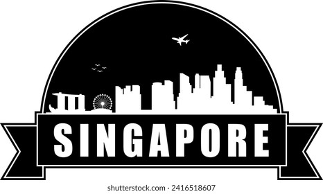 Black and white Singapore city buildings skyline negative air space silhouette dome shaped emblem with scroll banner below and name text inside. Vector eps graphic design.